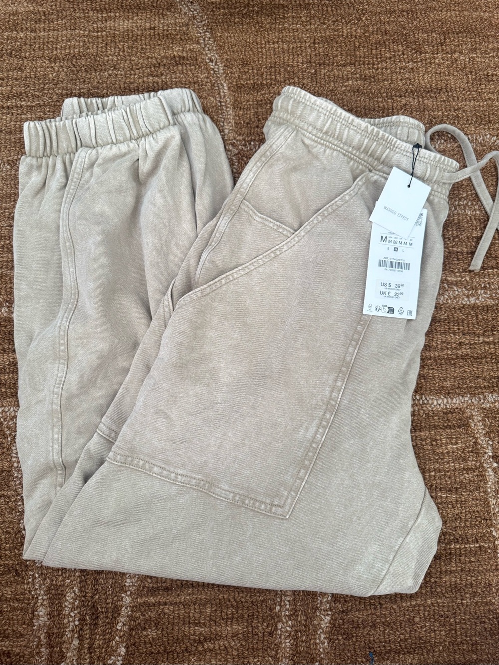 Zara Beige/Tan Jogger Pants with Elastic Waist and Patch Pockets